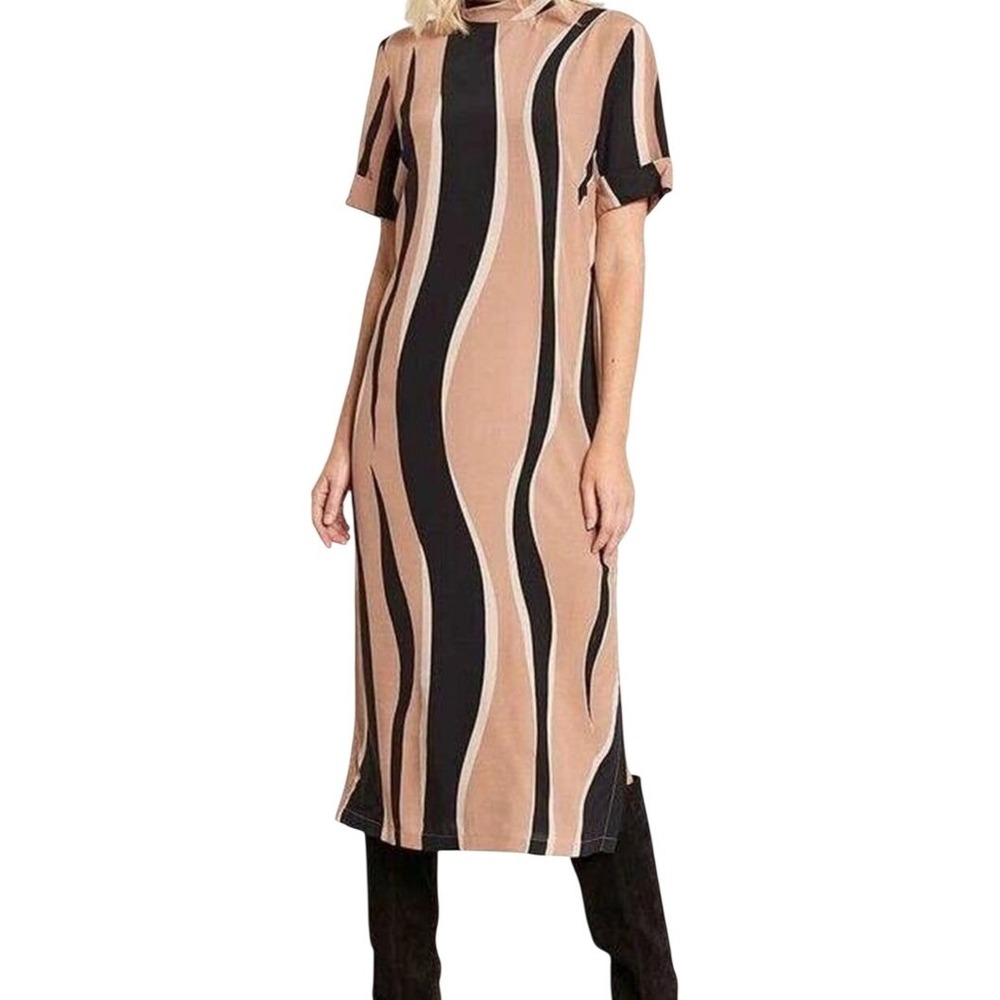 Mint Velvet Ripple Print HIgh Neck Woman's 10 Black‎ Brown Midi Short Sleeve